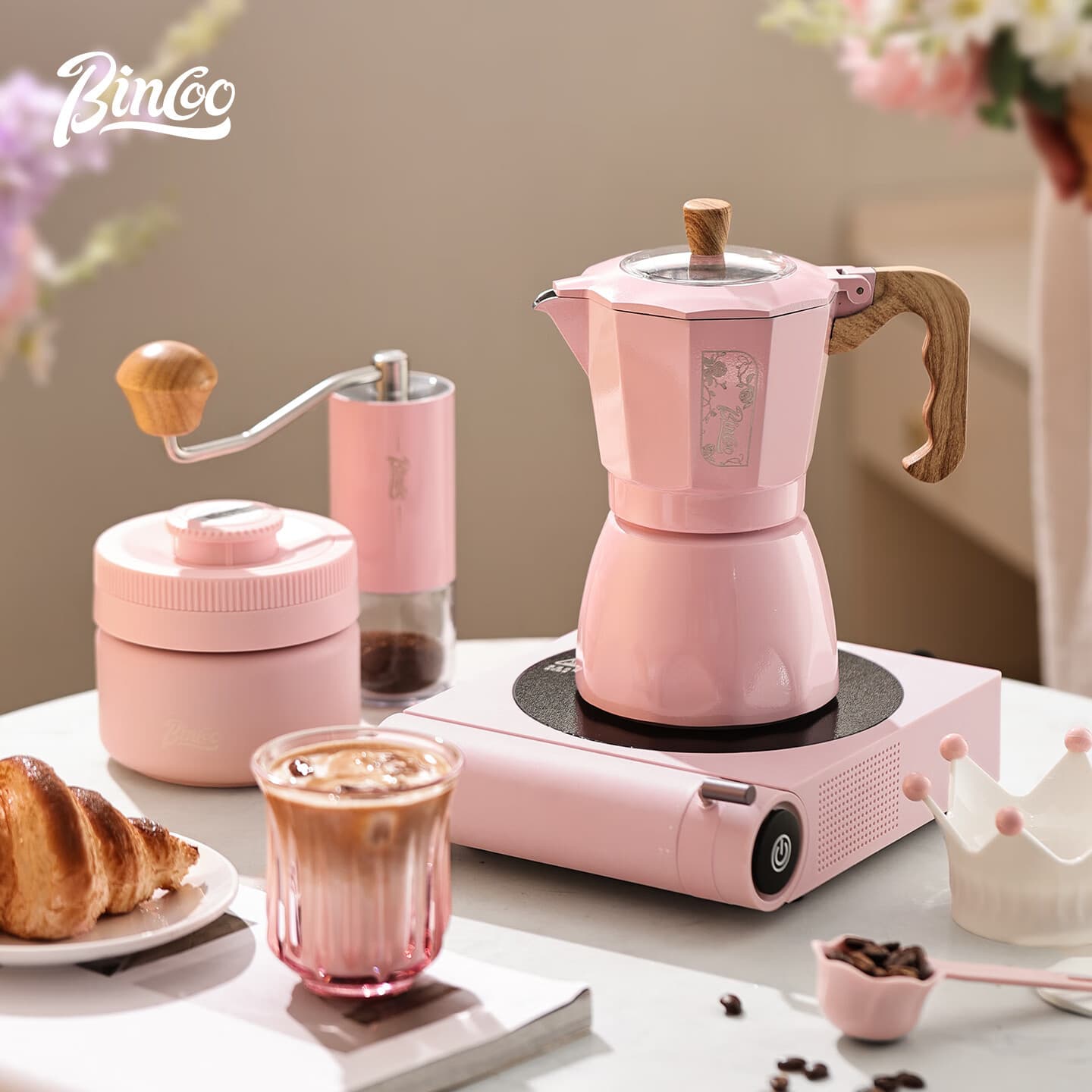Bincoo Dual Valve Moka Pot Electric Stove Coffee Maker Home Small Italian Espresso Machine Hand Pour Coffee Set