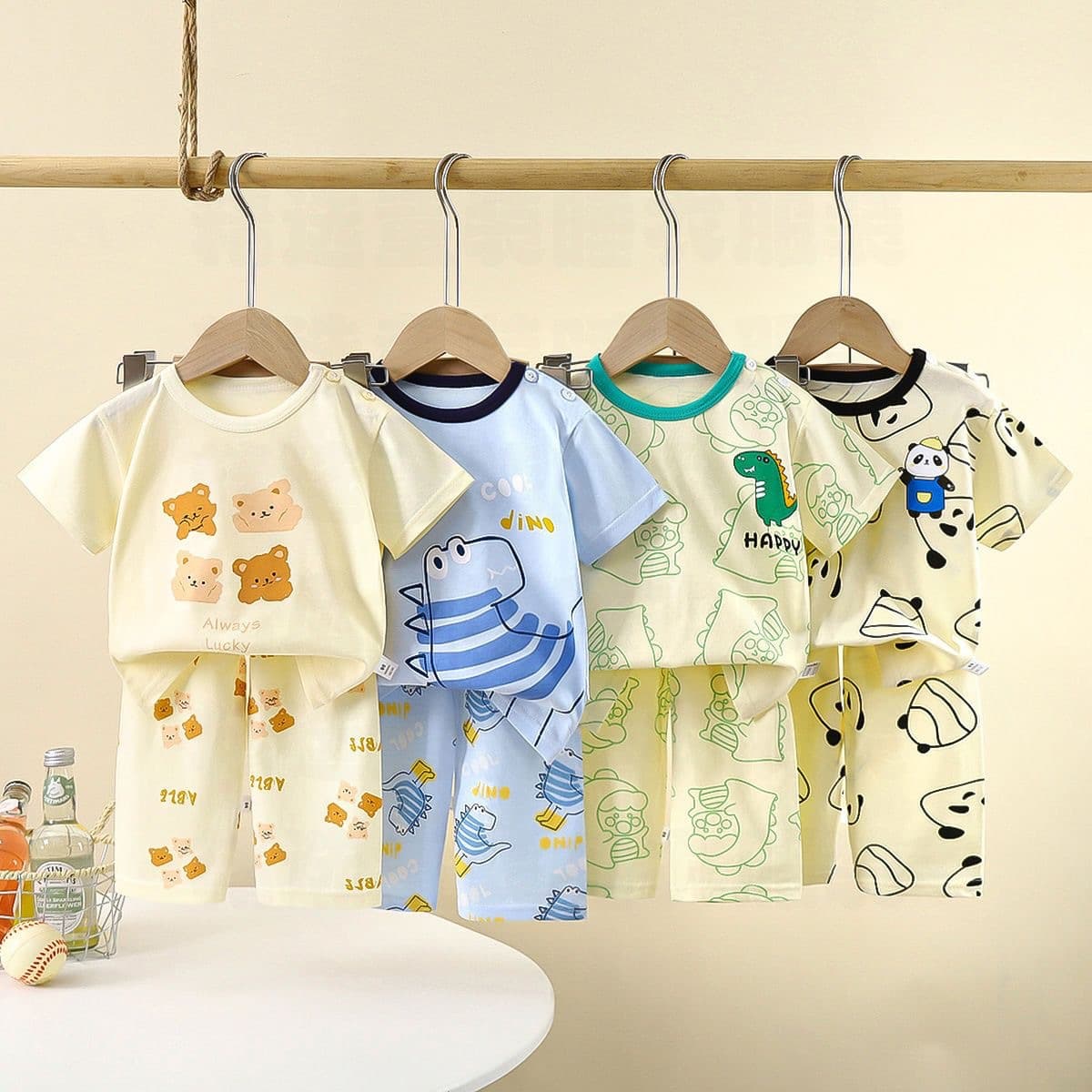 Summer children's pure cotton pajamas thin section boys and girls pure cotton baby short-sleeved round neck air-conditioned clothes home clothes set