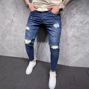 New European and American ripped men's jeans, slim fit stretch skinny pants, trendy fashion youth casual long pants street style