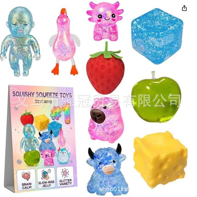 9-Pack Squishy Toys Squeeze Slow Rebound Decompression Toy Sugar Filled Stress Ball Glitter Color Changing