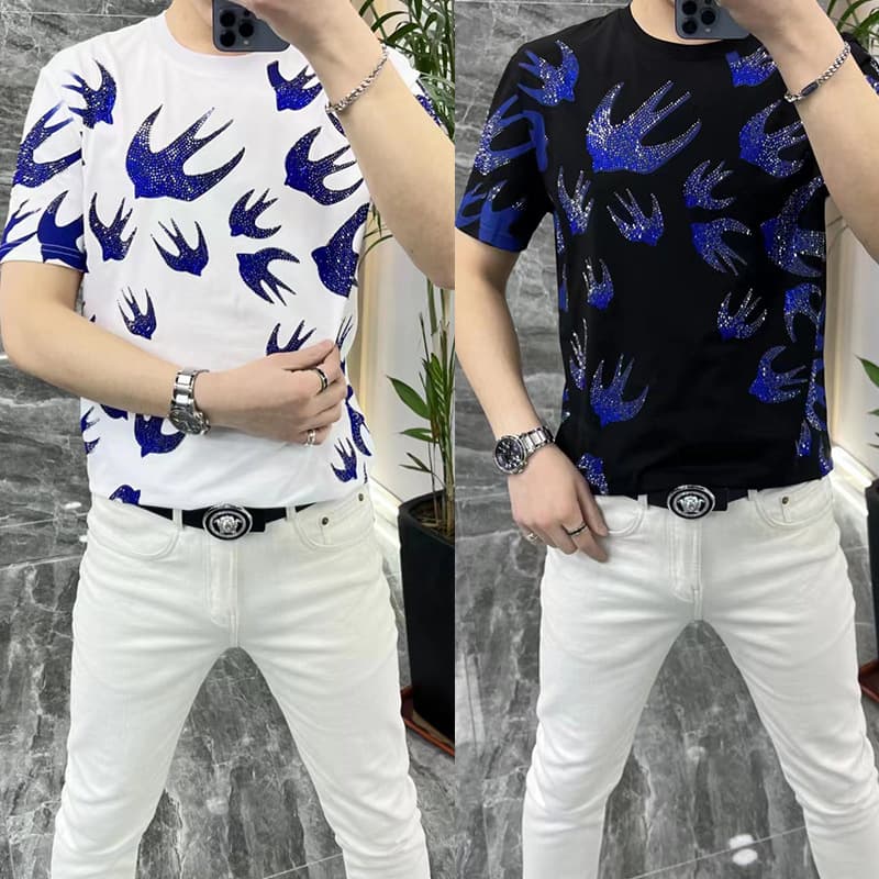 Summer trendy fashionable men's short-sleeve base shirt, personalized diamond embellishment, stylish youth slim-fit versatile T-shirt.