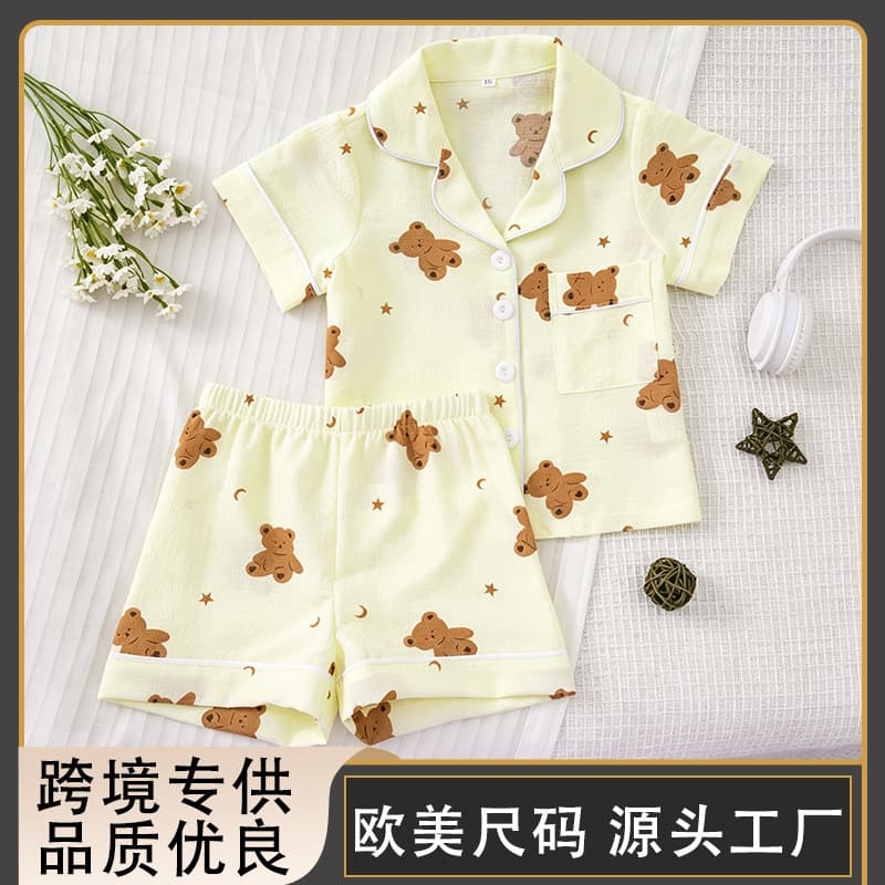 [European and American Cross-Border] Short-Sleeved Shorts, Girls' Home Wear, Foreign Trade Exclusive Supply, Cartoon Bear Print Children's Pajamas