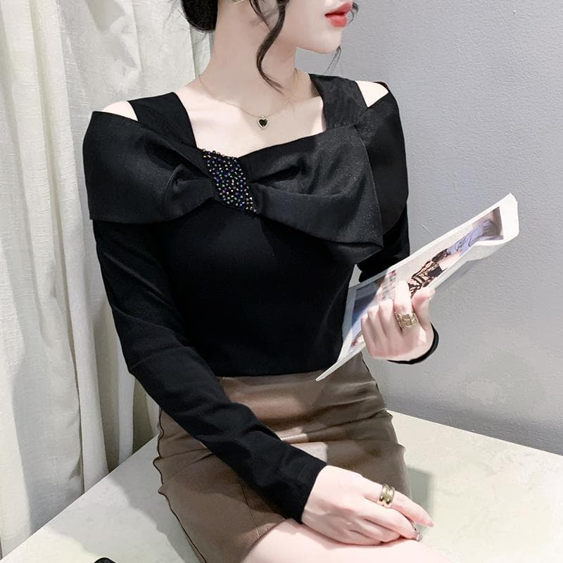 European Style Women's 2024 New Autumn One-Shoulder Bow Rhinestone Long-Sleeve T-Shirt