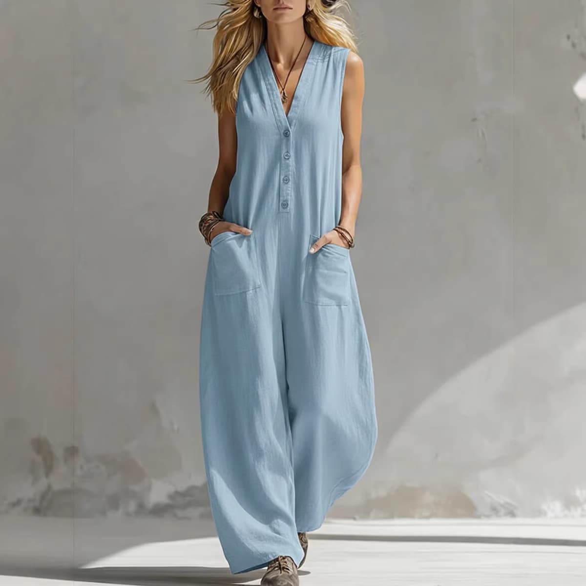 2026 New Spring/Summer Women's Casual Linen Cotton Sleeveless Jumpsuit Wide Leg
