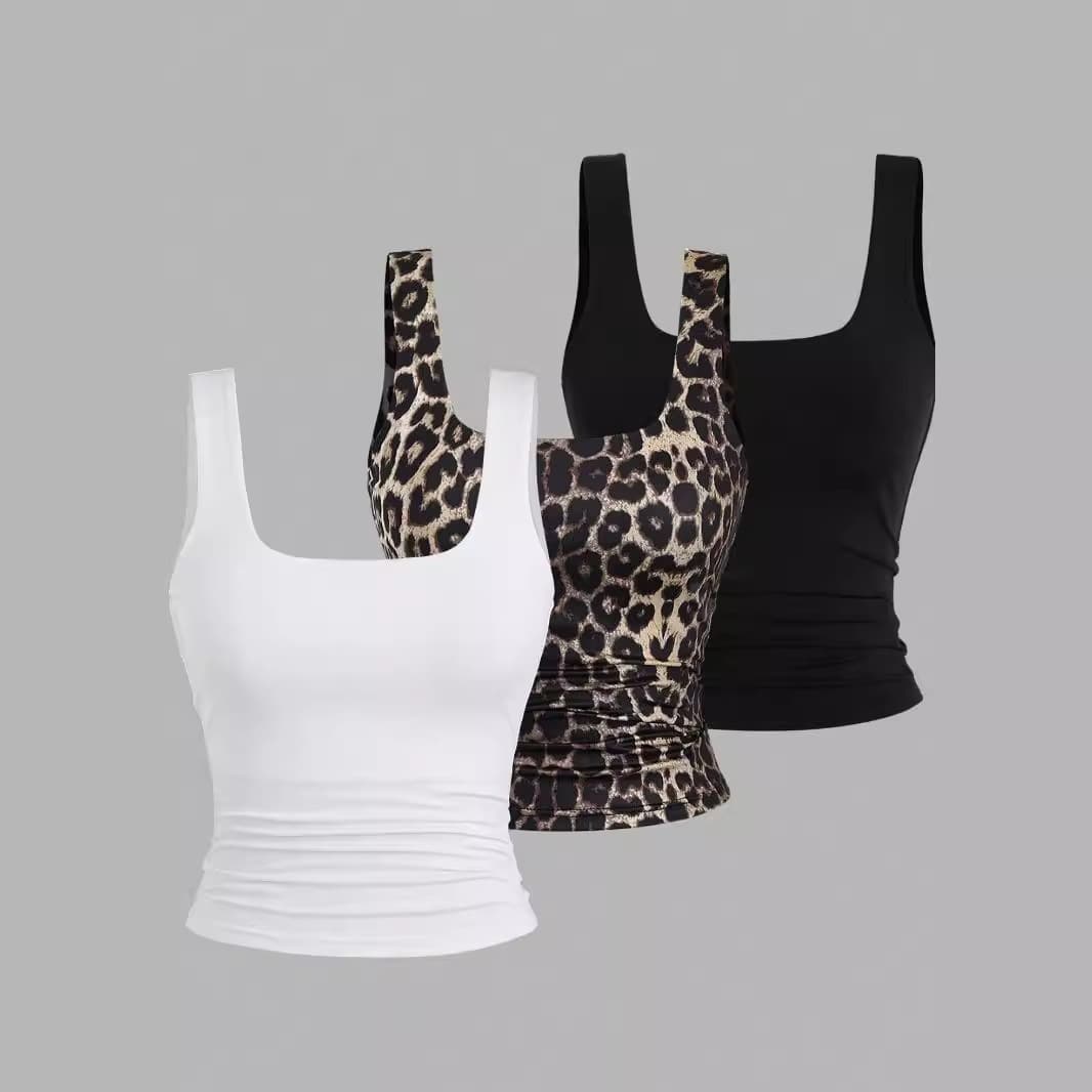 2024 New Trendy Women's Leopard Print Vest Sexy Navel Big U-neck Short Suspender
