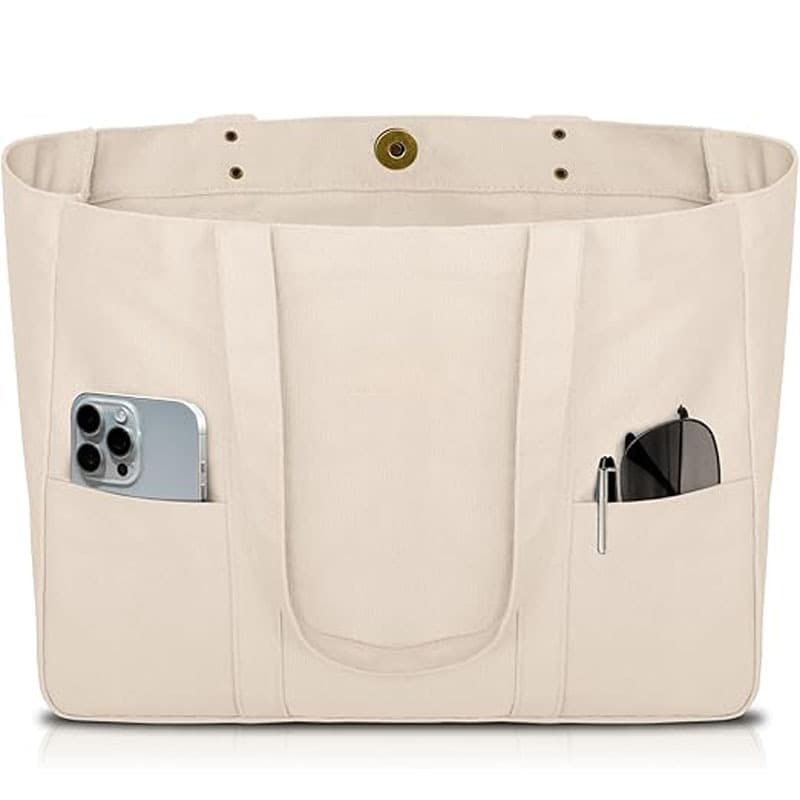 Women's Canvas Handbag Large Capacity Off-White Tote Bag Multi-Pocket Shoulder Bag Storage Bag