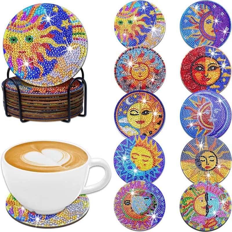 Amazon Hot Selling 5D DIY Wooden Diamond Painting Coaster Set with Stand - Heat Insulation, Non-Slip, Sun and Moon Design