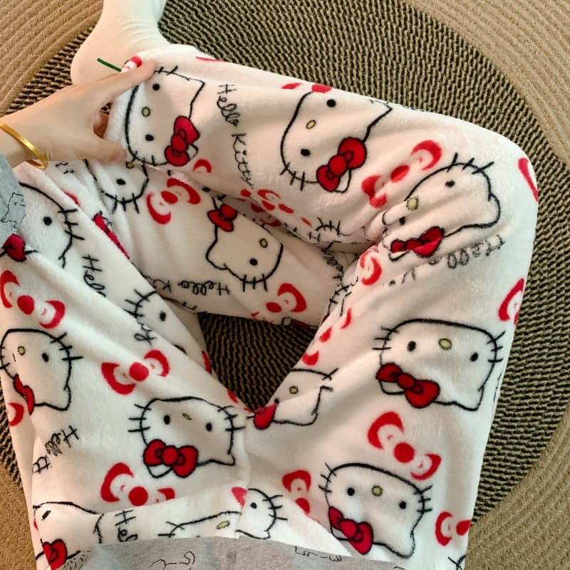Cartoon Flannel Pajama Pants for Women, Fall/Winter Long Pants with Fleece Lining, Warm Coral Fleece Home Lounge Pants for Students, Walking Pants