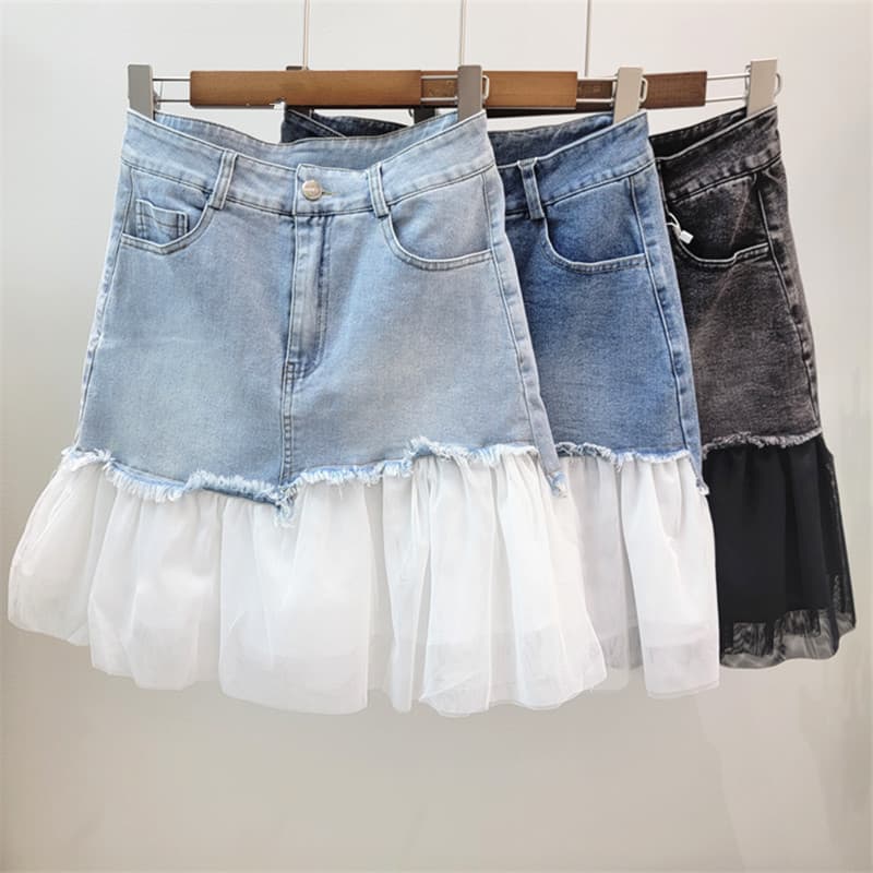 Designer High-Waist Denim Mini Skirt with Tulle Mesh Patchwork, Irregular Chic Puffy Skirt