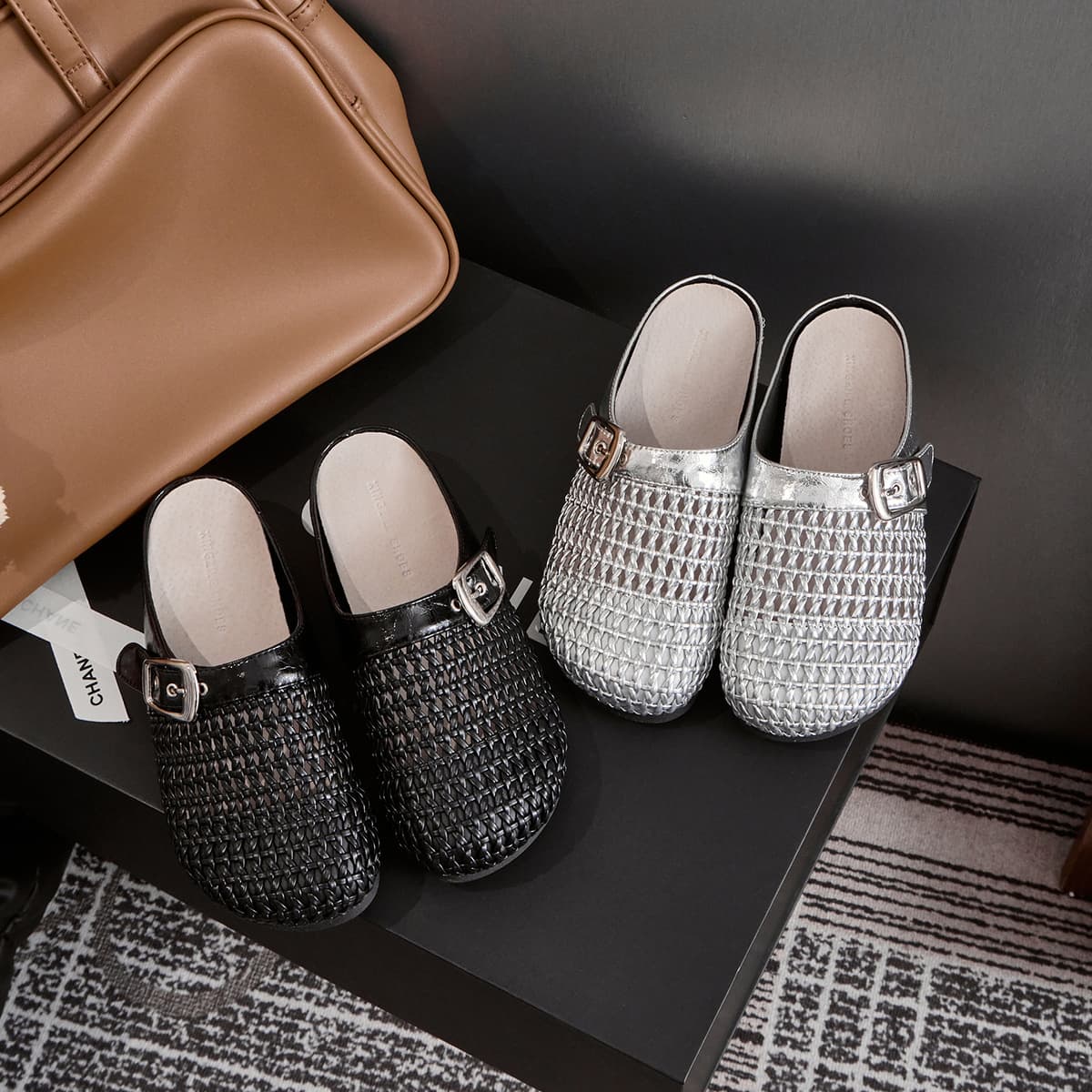 Woven Head Half Slippers Women's Slippers 2025 Spring Summer New Round Toe Belt Buckle Flat Inner Height Sandals