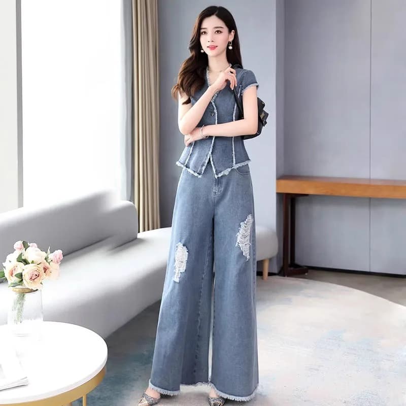 Summer Fashion Wide Leg Pants Two Piece Set Women's Denim Ensemble Anti Aging Trendy Korean Style Casual Outfit Polyester Fabric