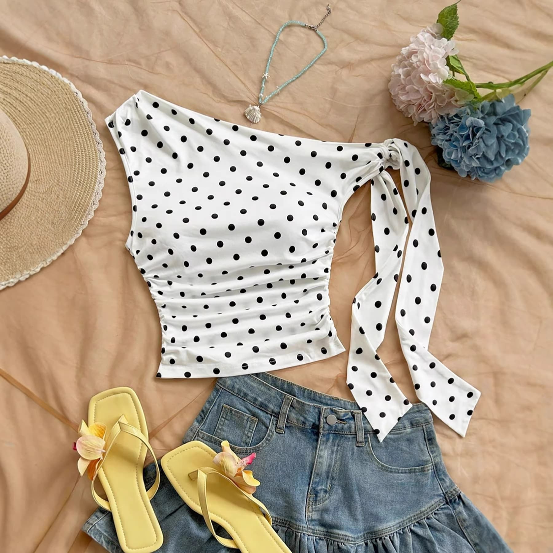 2026 European and American Cross-Border Summer Export Polka Dot Asymmetric Neck Short Vest TEMU Versatile Camisole Top