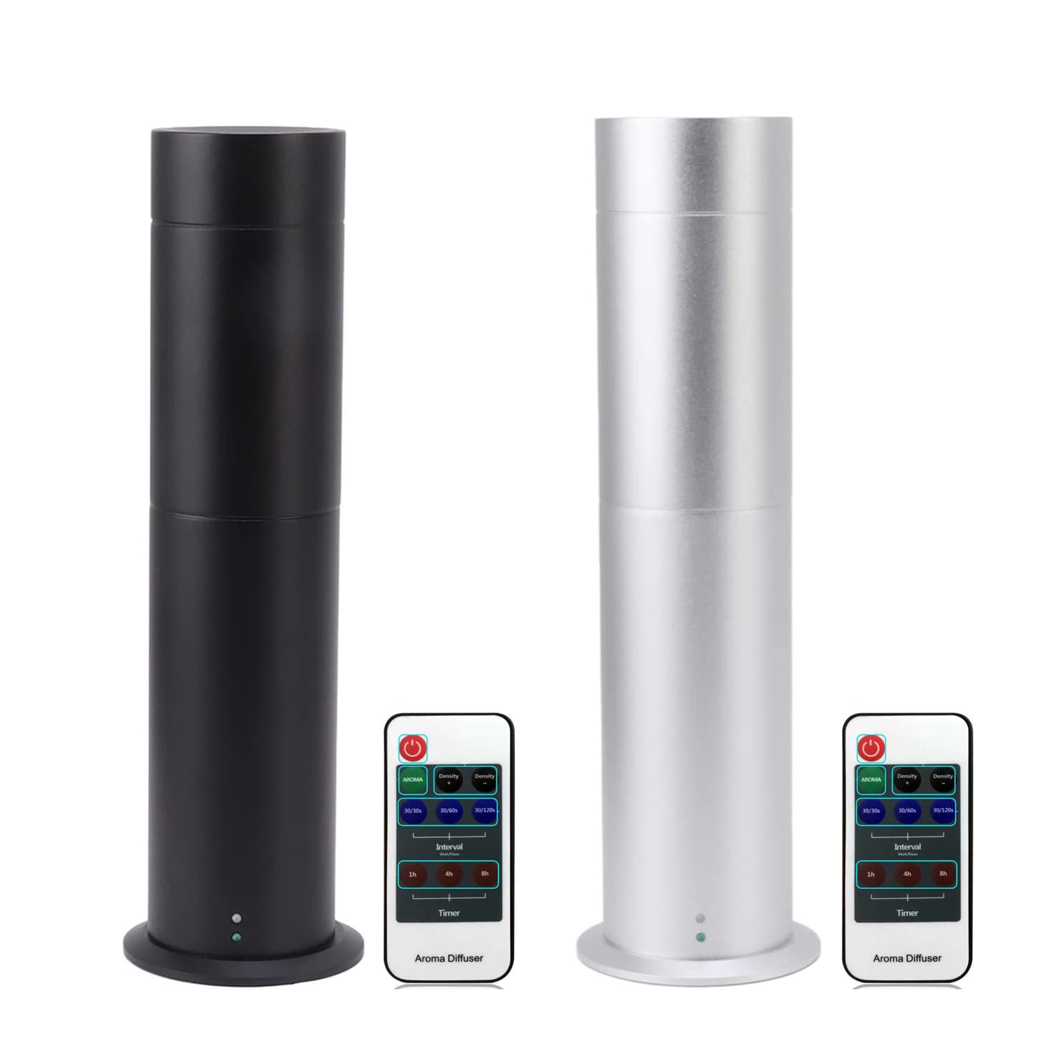 Desktop tower-style metal essential oil atomizing aroma diffuser, automatic fragrance dispenser, commercial and home use, with a column-mounted aluminum alloy casing.