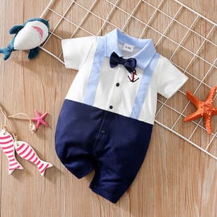 Baby Summer Thin Bodysuit for Newborn Boys, Full Moon and First Birthday Party Outfit, Cross-Border Preppy Style Romper