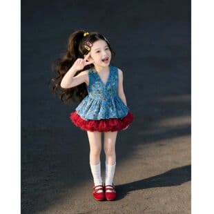 Girls' Pretty Set Summer 2026 New Children's Blue Floral Vest Girls Red Skirt Two-Piece Set