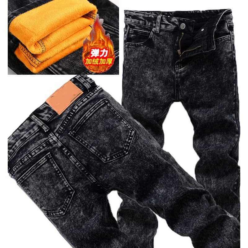 Thickened Fleece Lined Slim Fit Men's Jeans Korean Style Trendy Small Footed Pants Teenagers Tight Long Trousers Autumn Snowflake