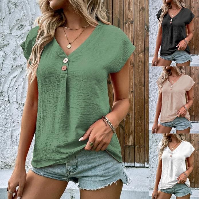 2026 Spring/Summer Women's Export Fashion Tops for Amazon Wish Cross-Border New Arrivals Solid Color Button Short Sleeve Blouse