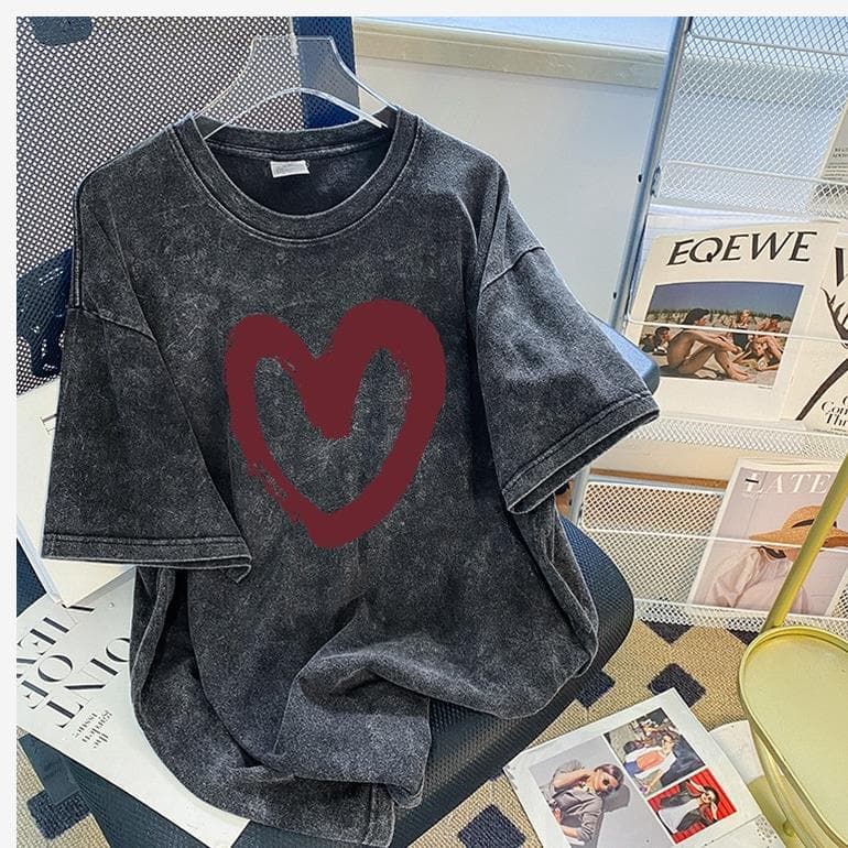 Washed Black Cotton T-Shirt Vintage Couple Style Short Sleeve Summer New Trendy Oversized Loose Fit Top for Women