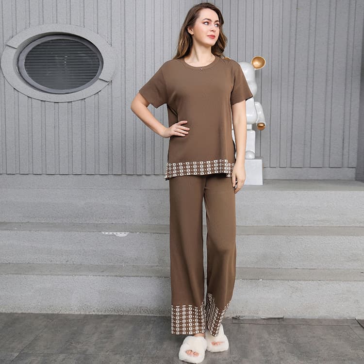 2025 European and American Summer New Style Simple Fashion Round Neck Solid Color Short Sleeve Top and Long Pants Contrast Trim Knit Two-Piece Set