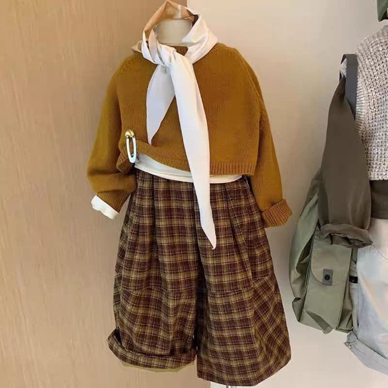 Girls Autumn Suit 2025 New Style Internet Celebrity Baby Korean Style Sweater Fashionable Plaid Pants Two-piece Set