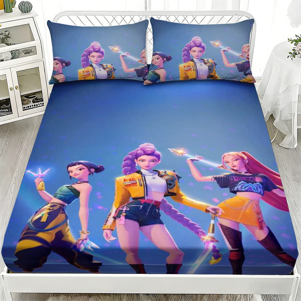 Dropshipping Cross-Border Hot-Selling Kpop Demon Slayer Girl Group Bed Sheet, Pillowcase, and Duvet Cover Three-Piece Set with Digital Printing Customization