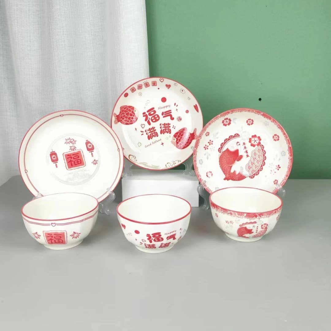 Chinese underglaze ceramic bowl and plate set for home use, rice bowl, soup bowl, ceramic plate, fruit plate, round plate