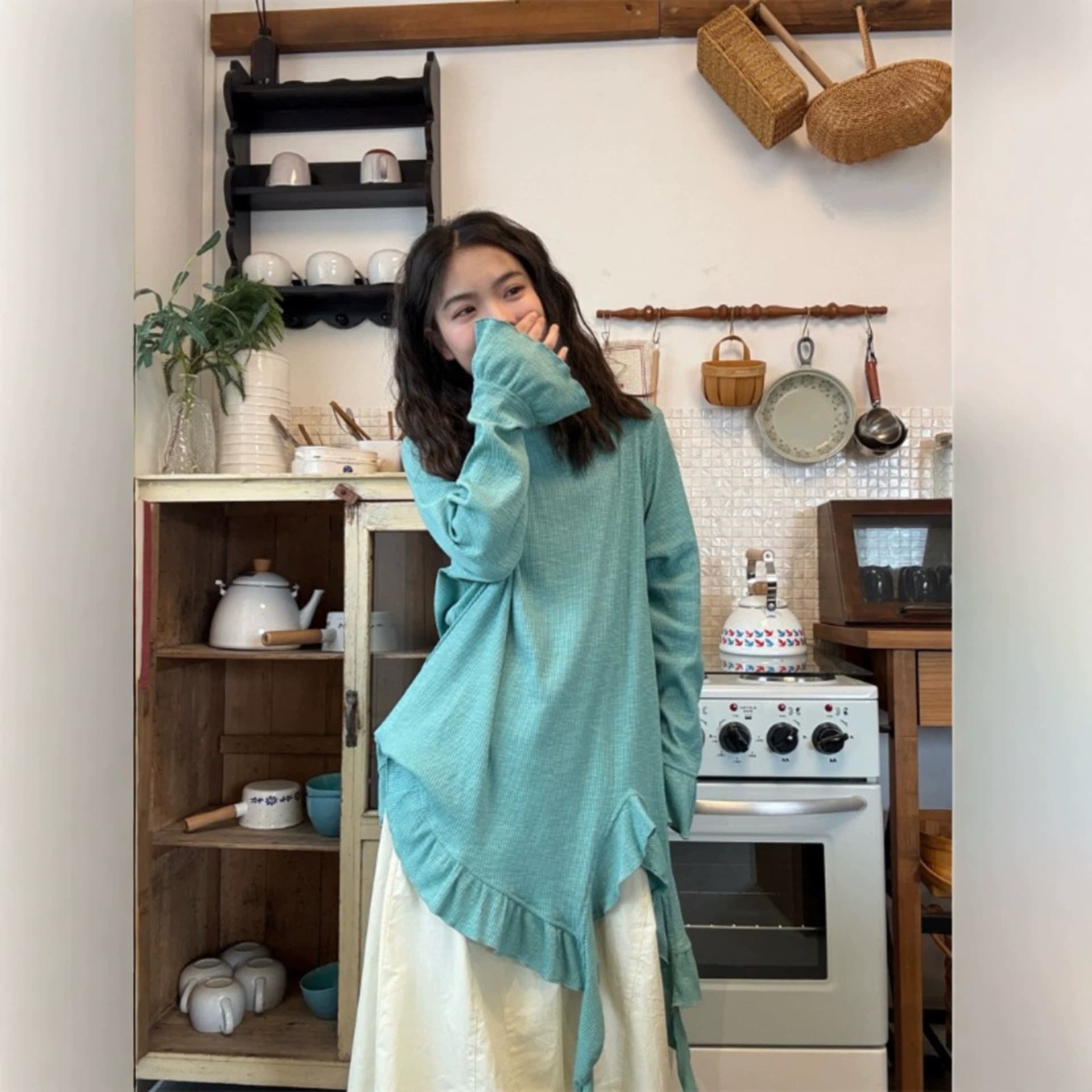 Blue Irregular Ruffle Long-Sleeve Shirt Women's Fall New High-Waist Loose Wide-Leg Pants Relaxed Fit Set
