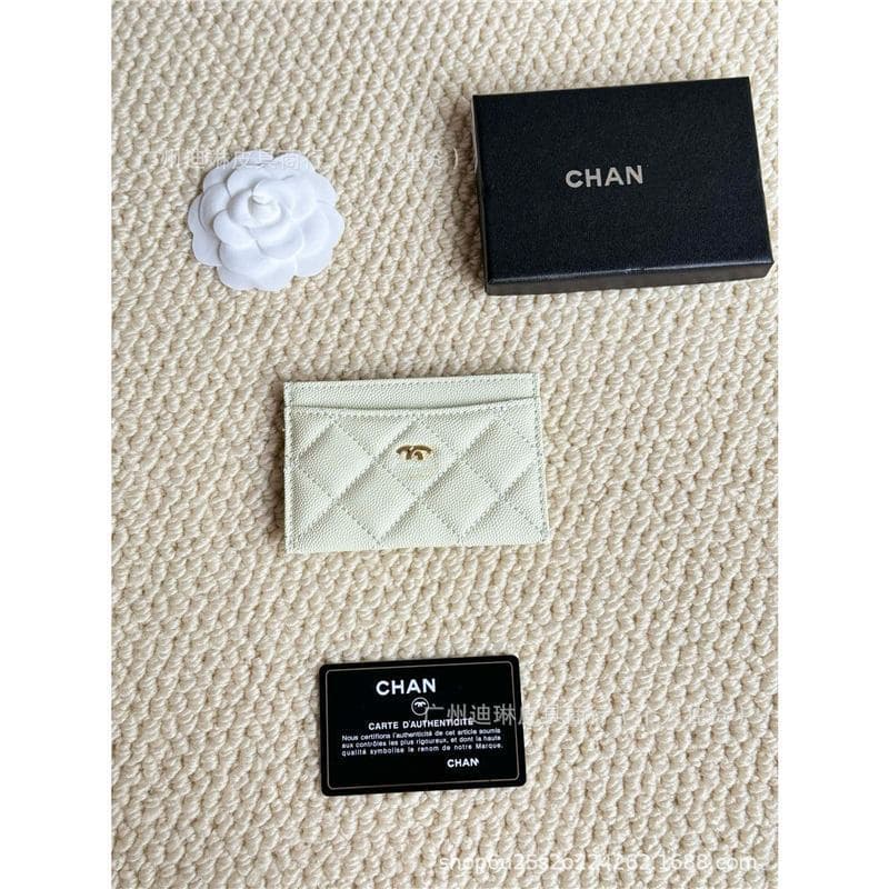New Genuine Leather Chanel-Style Card Holder with Double-Sided Card Slots, Caviar Texture, Minimalist Cowhide, Thin and Lightweight Diamond-Quilted Luxury Card Case