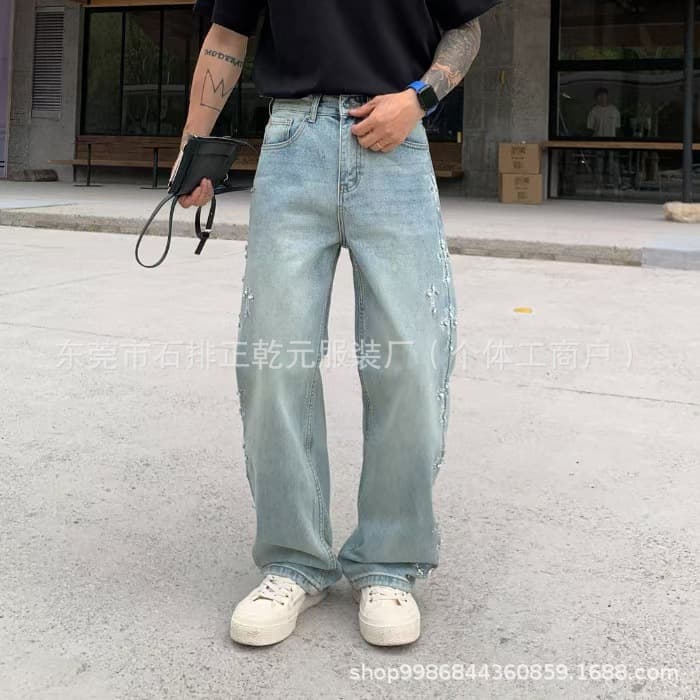 Trendy cross-border fashion straight pants, loose casual denim trousers, same style for men and women, personalized street style, retro and versatile