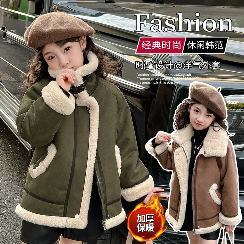 Korean style stylish fleece-lined warm wool coat for girls, autumn and winter style, Korean style zip-up jacket for medium and large children.