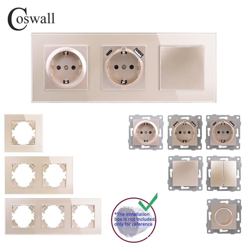 Gold-Plated Tempered Glass Wall Switch Socket European Style French Style No Ring Wall-Mounted Electrical Outlet Foreign Trade S
