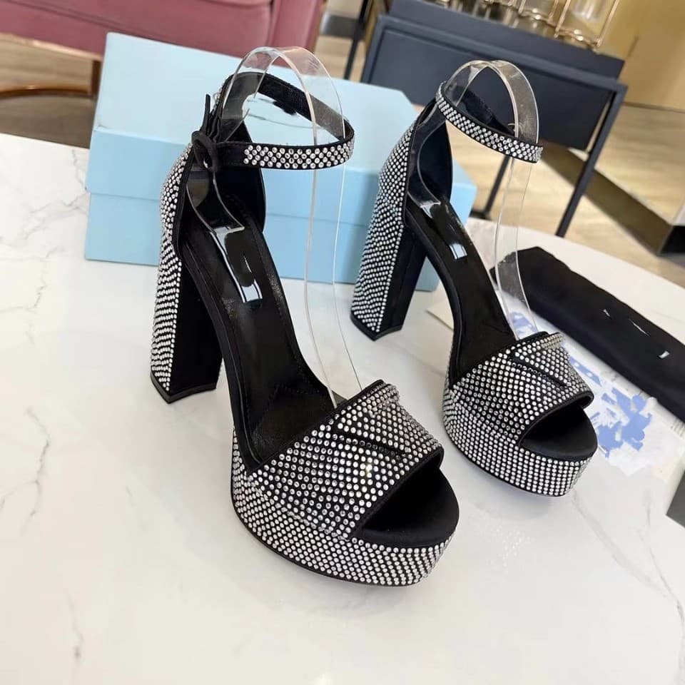 P 2026 New European and American Rhinestone Triangle Buckle Ultra-High Heel Platform Fashion Versatile Chunky Heel Women's Shoes Cross-border