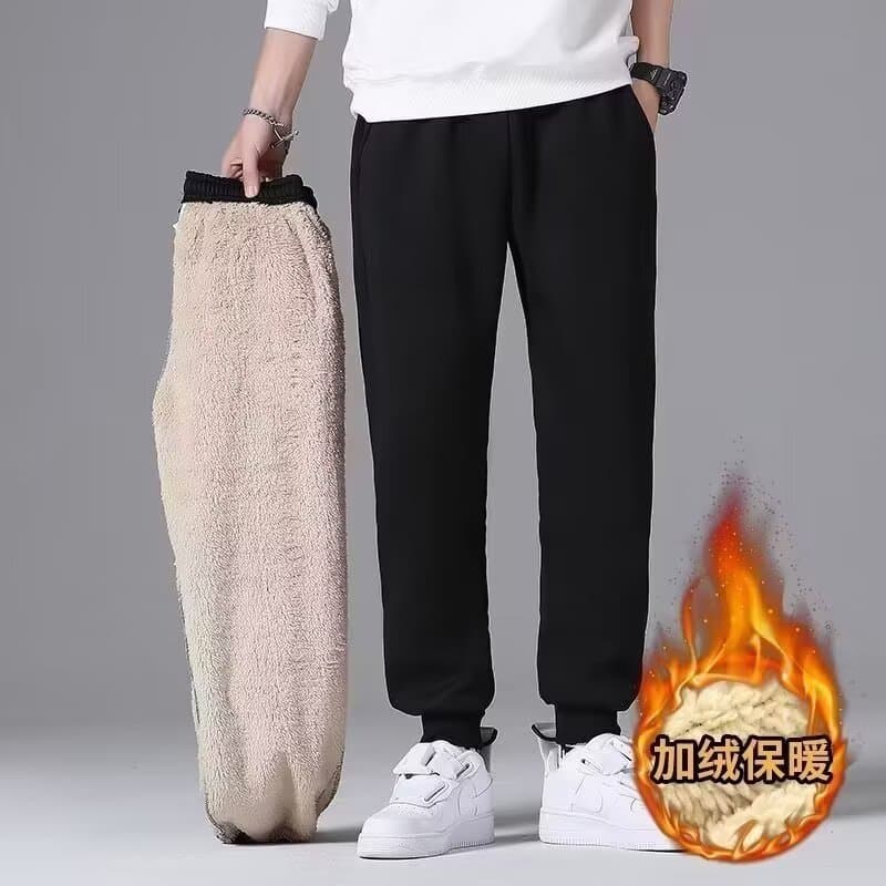Autumn Winter Fleece-Lined Casual Jogger Pants Men Japanese Style Fleece Plus Size Sweatpants Loose Minimalist Solid Color Trousers