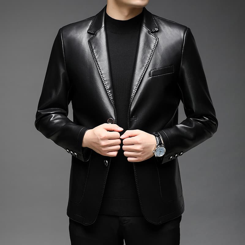 Men's PU Leather Jacket Autumn Winter Casual Two Button Suit Collar Coat Middle-aged Fashion Classic Style Zipper Pocket