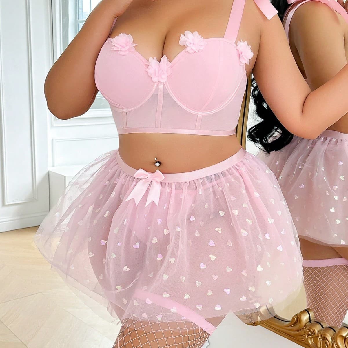 Lingerie European and American sexy three-dimensional flower strap mesh pure desire perspective temptation sexy lingerie plus size skirt
