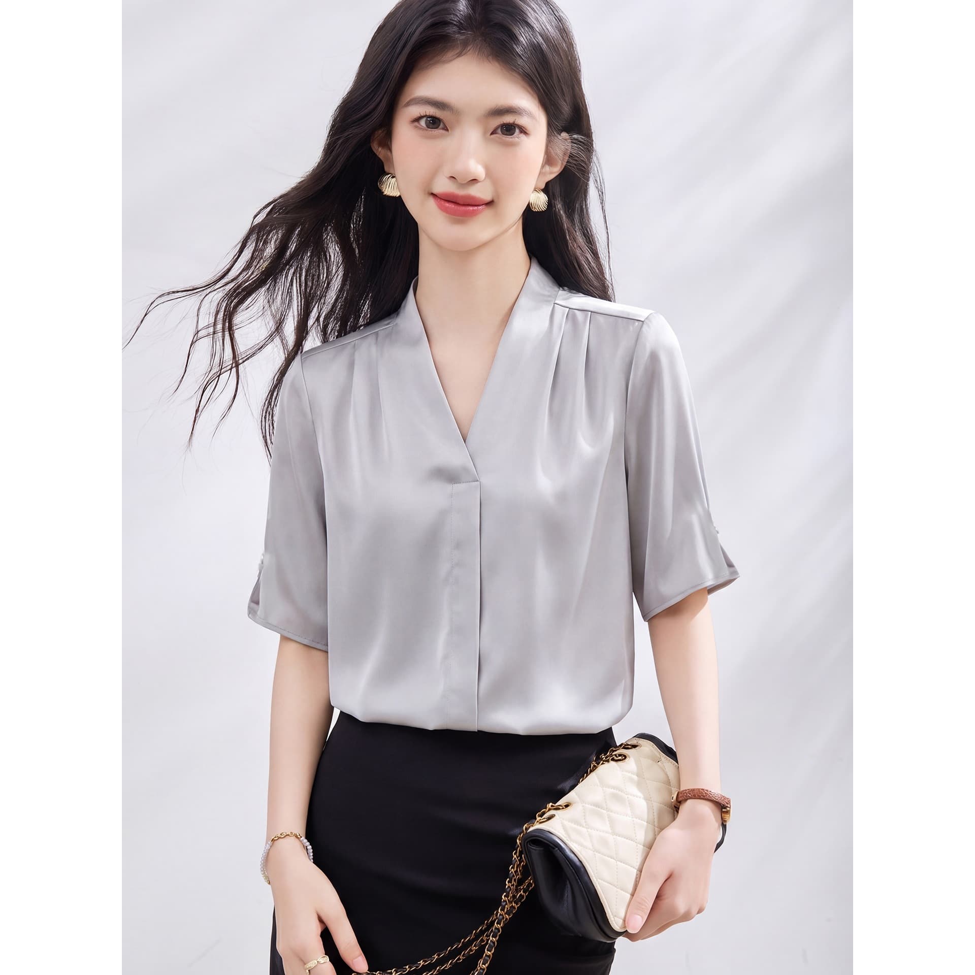 In Stock Summer New Korean Style Versatile Sleeve Beaded Collar Short Sleeve Blouse Women Top Summer Top Gray