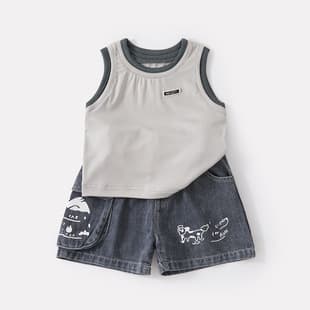 New Summer Korean Style Fake Two-Layer Contrast Collar Vest for Infants and Toddlers, Cool Cartoon Denim Shorts Two-Piece Set for Boys