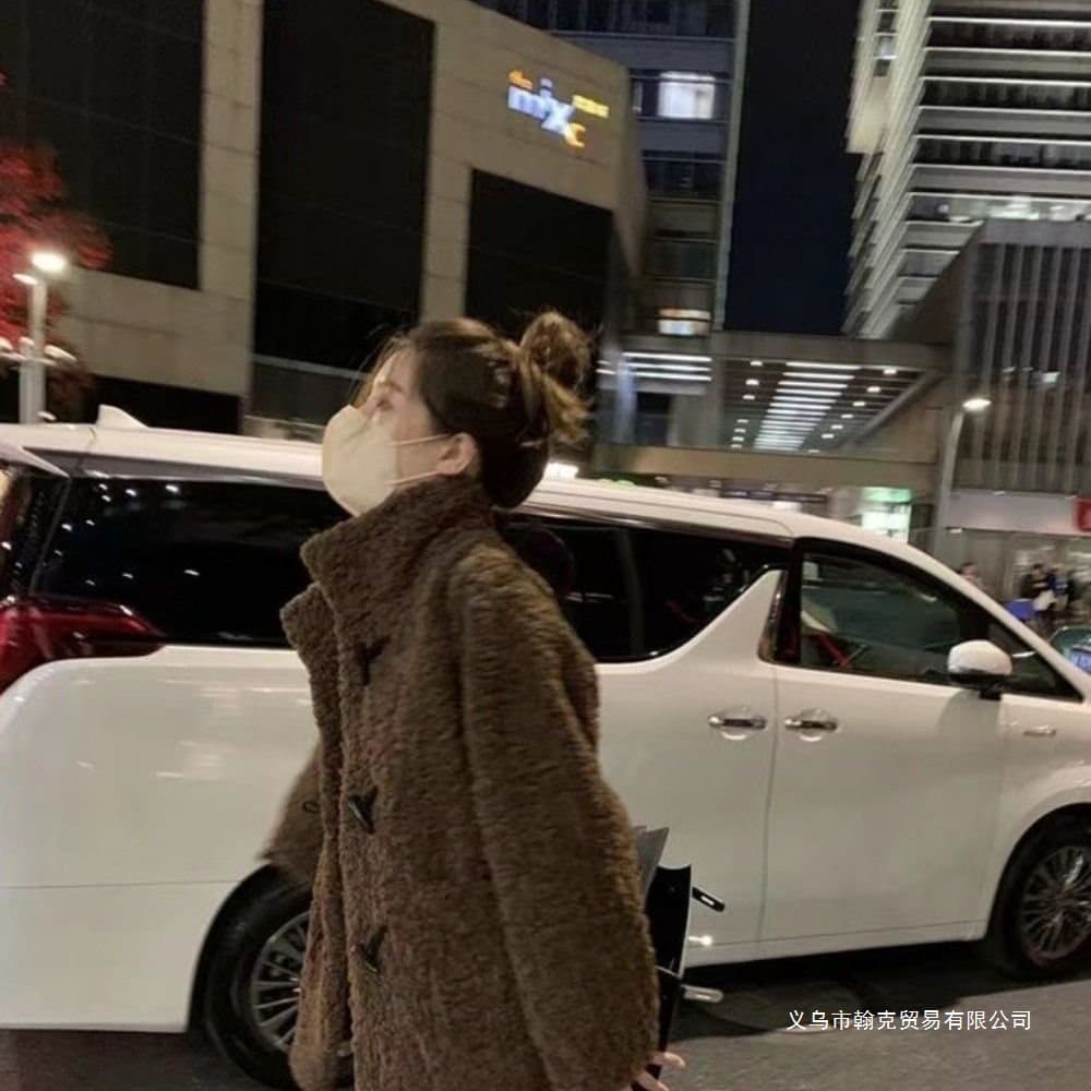 Women Mid-Length Chocolate Horn Button Brown Shearling Coat Women Korean Loose Lazy Style Thick Faux Fur Coat