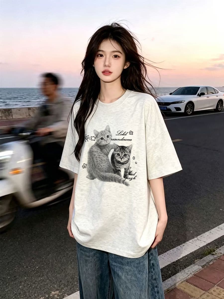 Heavyweight Pure Cotton Personalized Harajuku Style Short-Sleeve T-Shirt for Men and Women, Summer Loose Fit, Slimming, Versatile, Round Neck, Half-Sleeve Top
