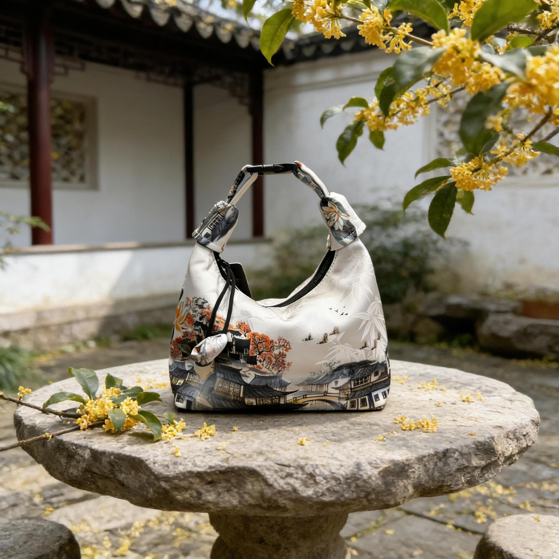 Xiangyun Silk Crescent Bag, Crossbody Bag, Chinese Style Vintage Drawstring Versatile Decorative Handbag, Large Capacity Single Shoulder Women's Bag