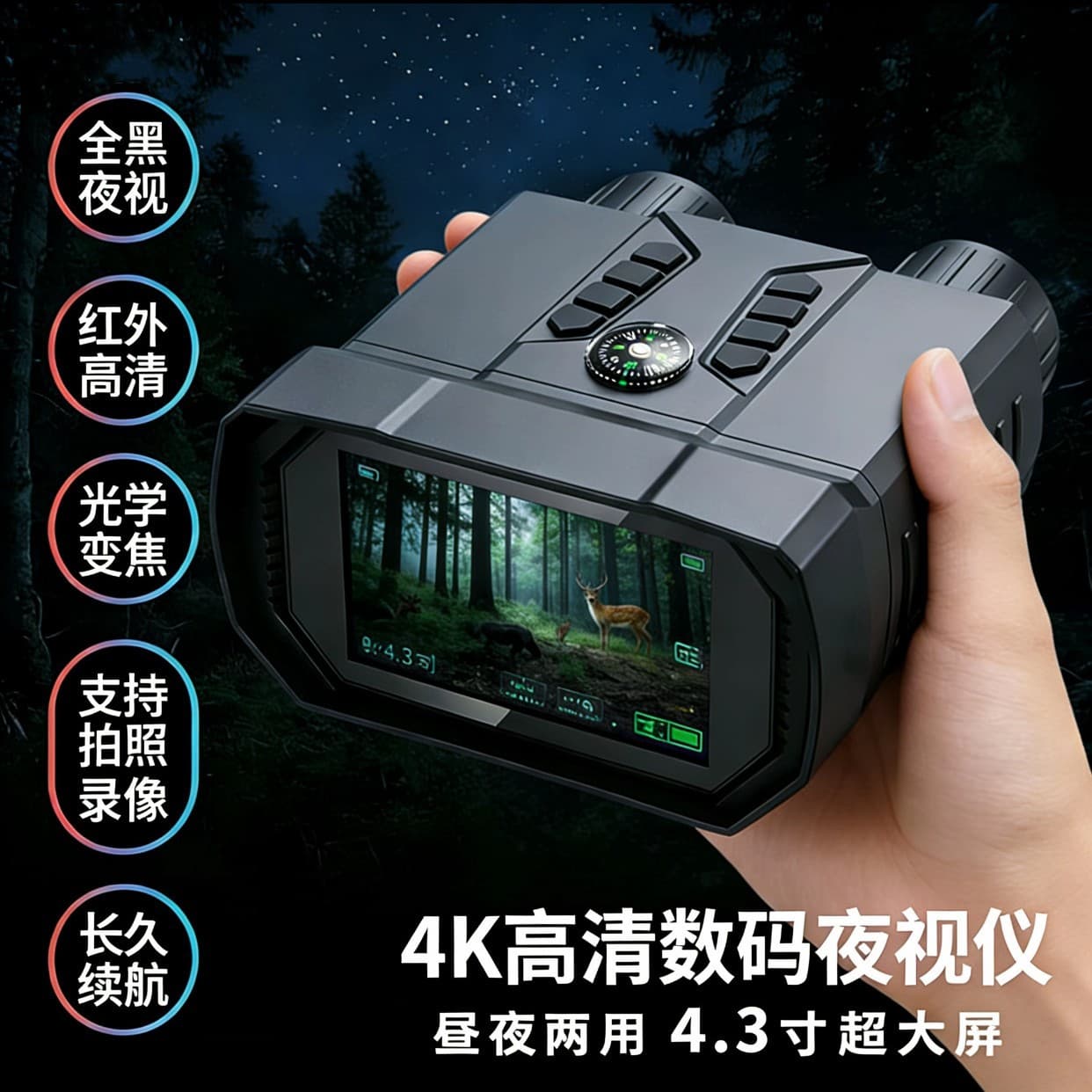 New handheld infrared night vision device 4.3-inch screen high-definition all-black visual outdoor day and night digital photo telescope
