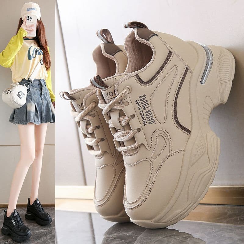 Women's 8cm Platform Sneakers, Versatile Thick-Soled Leather and Mesh Breathable New Style Casual Dad Shoes