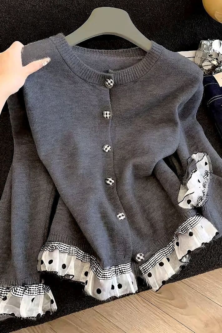 Plus Size Sweet Lace Patchwork Knit Cardigan Autumn Winter New Design Slimming Sweater Jacket