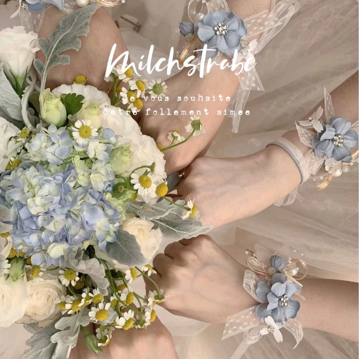 Beautiful blue floral tulle butterfly lace knot bracelet for brides and bridesmaids, suitable for performances and dancing.