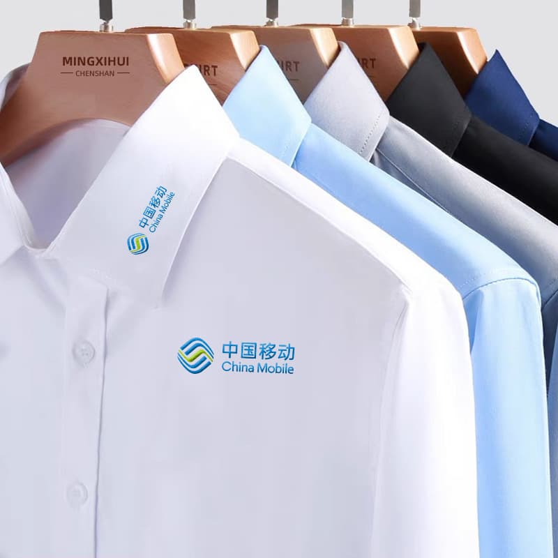 Custom Printed Embroidered Logo White Shirt Business Formal Workwear for Service Hall Men Women Short Sleeve Blue Shirt Printing Embroidery