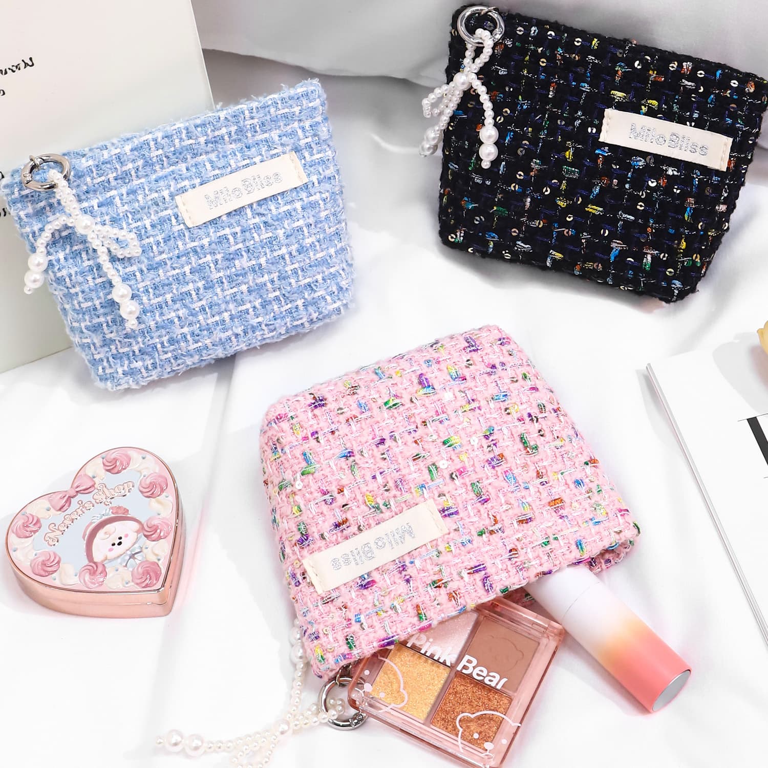 Tweed Style Coin Purse, Handheld Small Bag, Custom Pearl Zipper, Portable Jewelry Pouch, Cosmetics Storage Bag