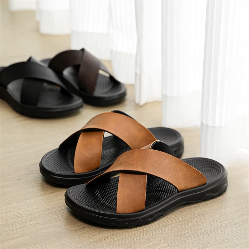 Summer Ins Style High-End Men's Slippers, Comfortable Casual Soft Sole Outdoor Leather Cross Strap Slides