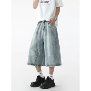 Trendy Washed Lightning Print Denim Shorts for Men Summer High Street Deconstructed Wide Leg Capri Pants Vintage Versatile Casual Bottoms