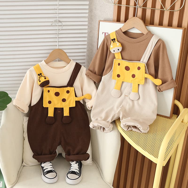 0-5 years old children's crew neck shirt baby cartoon suspender two-piece set 2025 spring and autumn new style clothes for boys and girls
