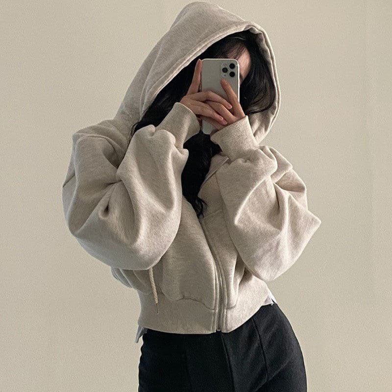 2025 Spring/Autumn New Arrival Ins Fleece-Lined Versatile Fashion Short Slim Zip-Up Warm Solid Color Hoodie for Women
